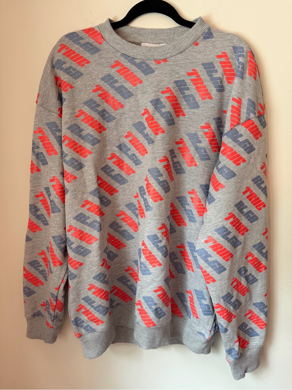 True Religion All Over Logo Pullover Sweatshirt Heather Gray Men’s L NWT